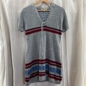 Hessi Knit Hoodie Dress Fair Isle Snowflake Blue Red Gray Med Nordic
